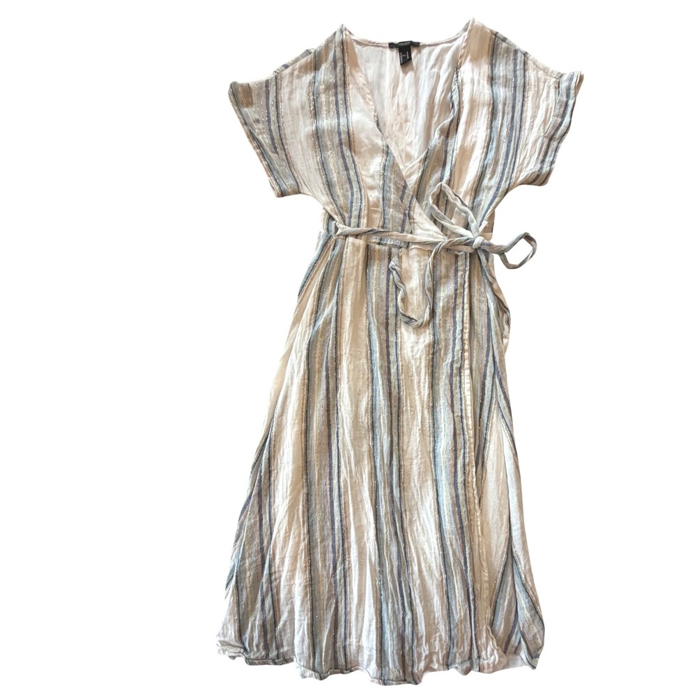 Forever 21 Metallic Striped Wrap Dress Blue Cream Silver Lurex Midi Womens M